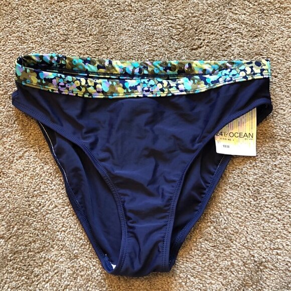 NEW NWT 24TH OCEAN Navy Blue Green Print High Waisted Waist Bikini Bottom Medium - Picture 1 of 6